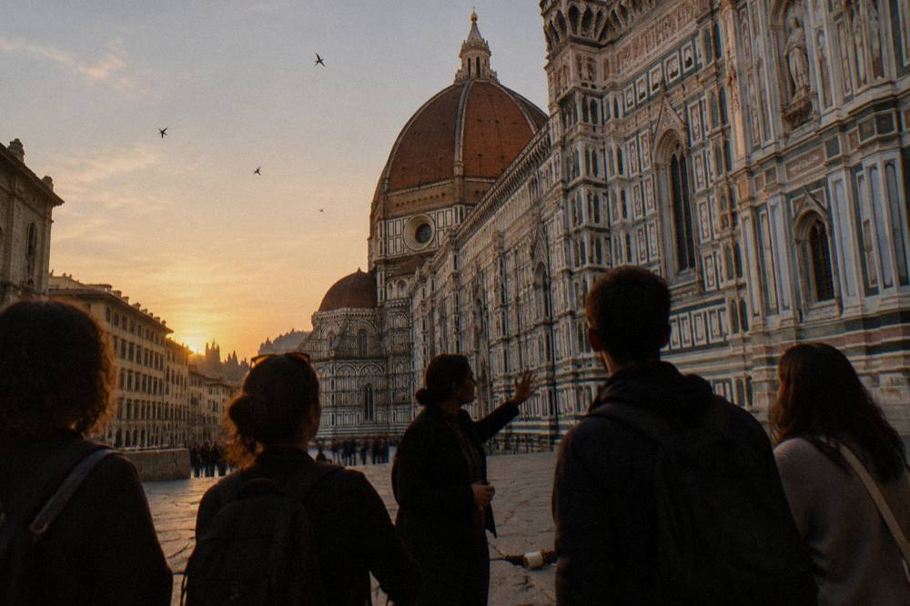 A guide gesturing while listeners stand silhouetted before the white-and-green marble panels of the cathedral facade, swifts circling the dome, a dropped paper cup wedged in the cobble gap