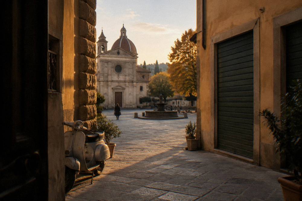 Seen from inside a shaded doorway along a narrow Oltrarno street, ochre plaster walls and closed dark-green workshop shutters, warm light raking the pietra forte quoins