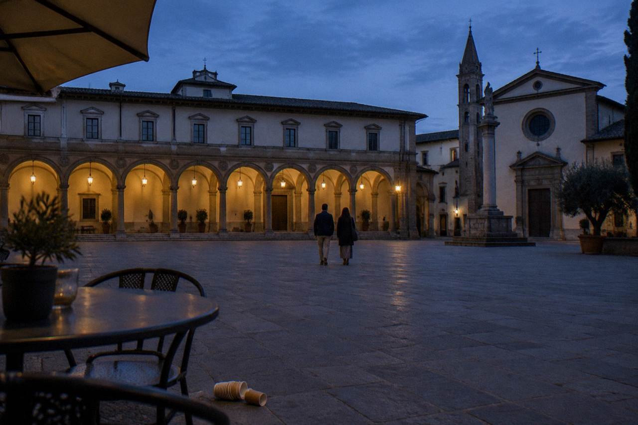 Across the arcaded square toward its symmetrical porticoes, lamp light warming the grey pietra serena arches, two distant figures from behind crossing the smooth paving