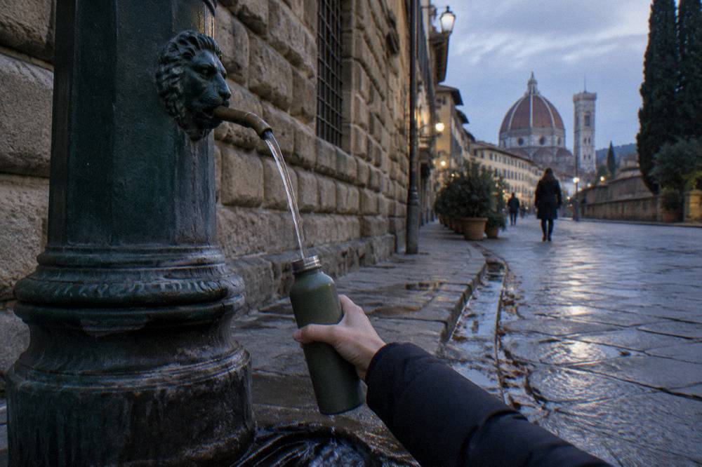 Low and close on a green cast-iron public fountain on a cobbled street, chilled water arcing into a reusable bottle, worn pietra forte wall behind, wet leaves in the gutter