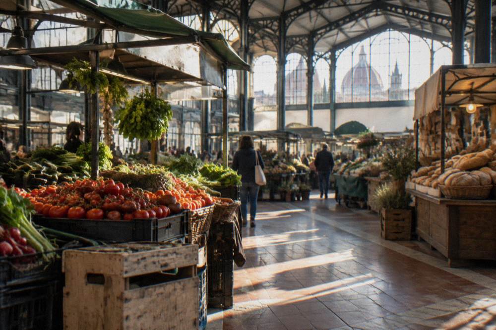 Inside the cast-iron and glass market hall of Sant'Ambrogio, stalls of tomatoes and crusty loaves under iron trusses, a scuffed wooden crate, sunlight striping the tiled floor