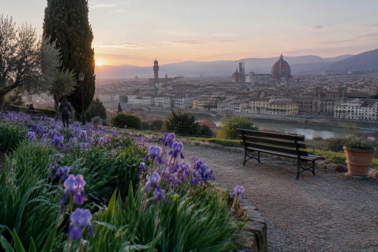 From a hillside terrace above the Arno, purple iris beds in the foreground, terracotta rooftops spreading below as Brunelleschi's great tiled dome catches first light, dew on the gravel