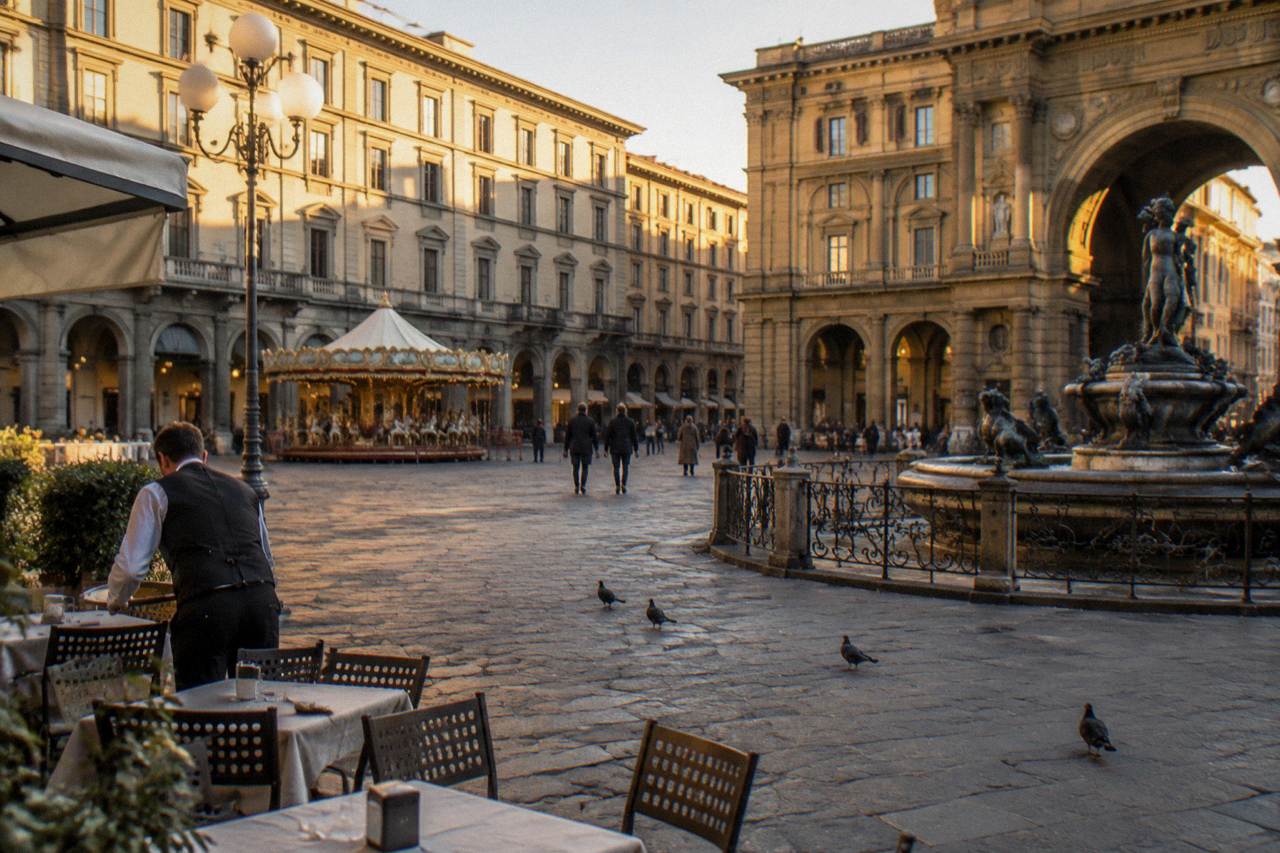 Across the wide stone square toward its tall arcaded facades, warm light on the plaster, a few pigeons near the ornate iron fountain, a waiter clearing a cafe table