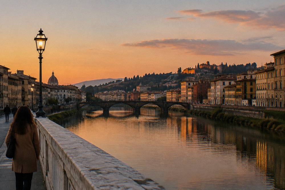 From the middle of the white stone bridge looking downriver, terracotta rooftops glowing against the last light, a distant hillside terrace catching the sun, one lamppost just switched on