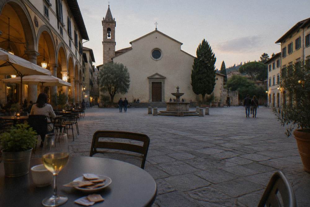 Across the trachyte-paved square toward the church's plain plastered facade, lamplight warming the arcades, open cafe tables with a half-drunk glass and scattered sugar packets