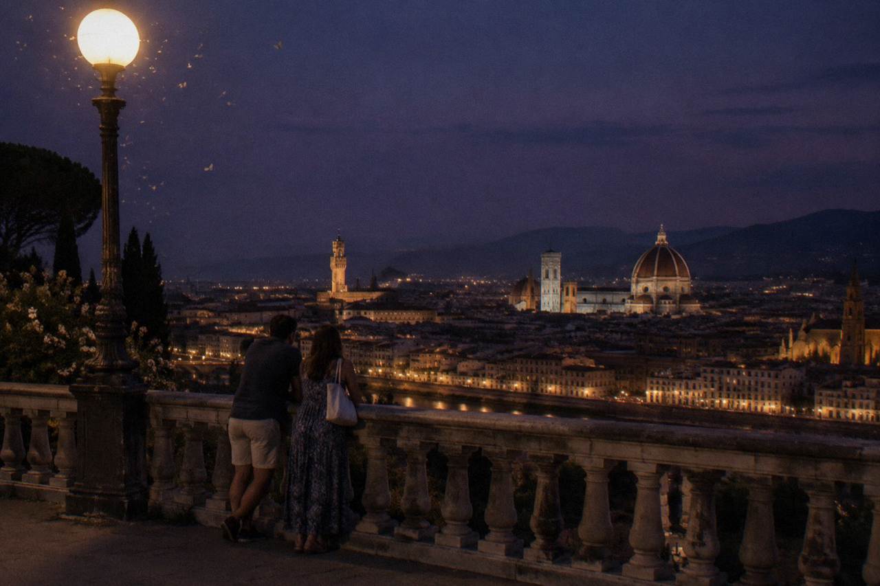 From the balustraded hillside terrace of Piazzale Michelangelo, jumbled rooftops below with the cathedral dome lit pale against the dark sky, a couple leaning on the parapet from behind