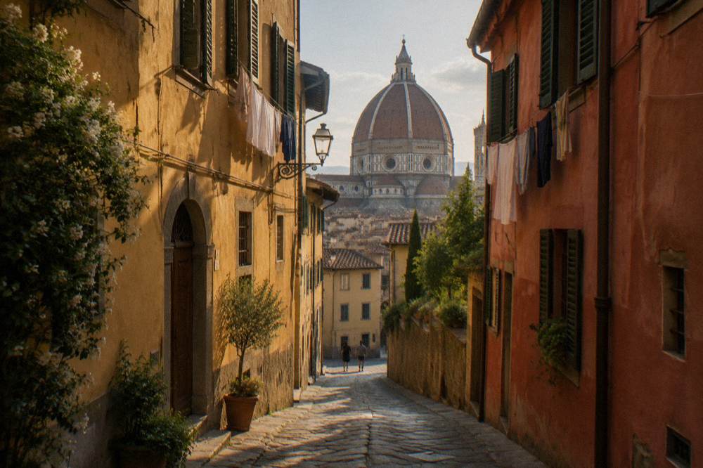 A narrow street of ochre and rust-red plaster houses, laundry strung between shutters, Brunelleschi's great terracotta-tiled dome rising above the rooftops