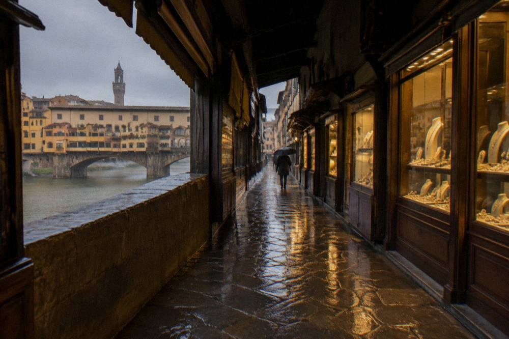 Low along the wet flagstones of the covered bridge passage, gold shopfront light reflecting in puddles between dark jewellers' windows, a distant figure from behind under an umbrella
