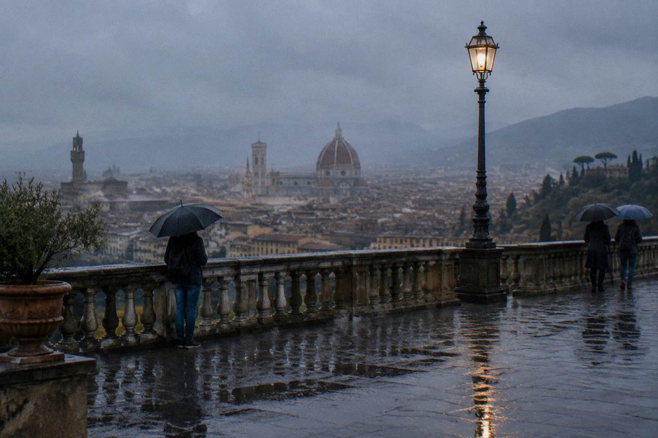 A wet cobbled square high above the city, rain beading on the stone balustrade, the cathedral's tiled dome and Giotto's tower blurred through drizzle over terracotta rooftops