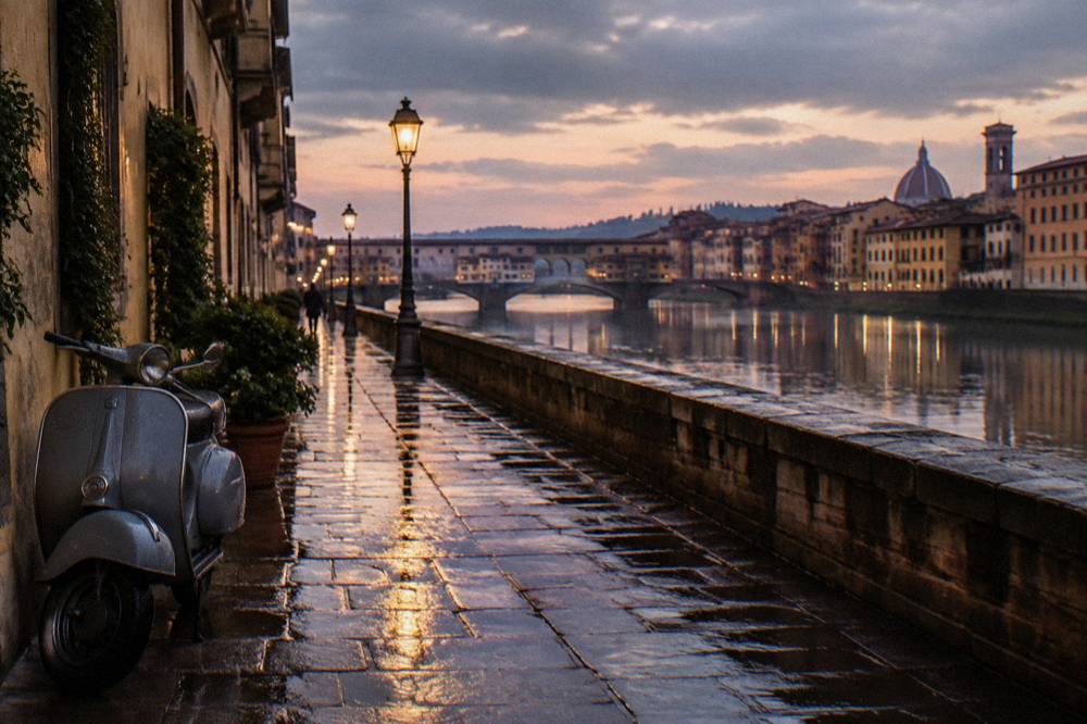 Low along glistening wet flagstones of the riverside lane, ochre plaster facades reflected in long blurred streaks, a single parked Vespa beaded with droplets