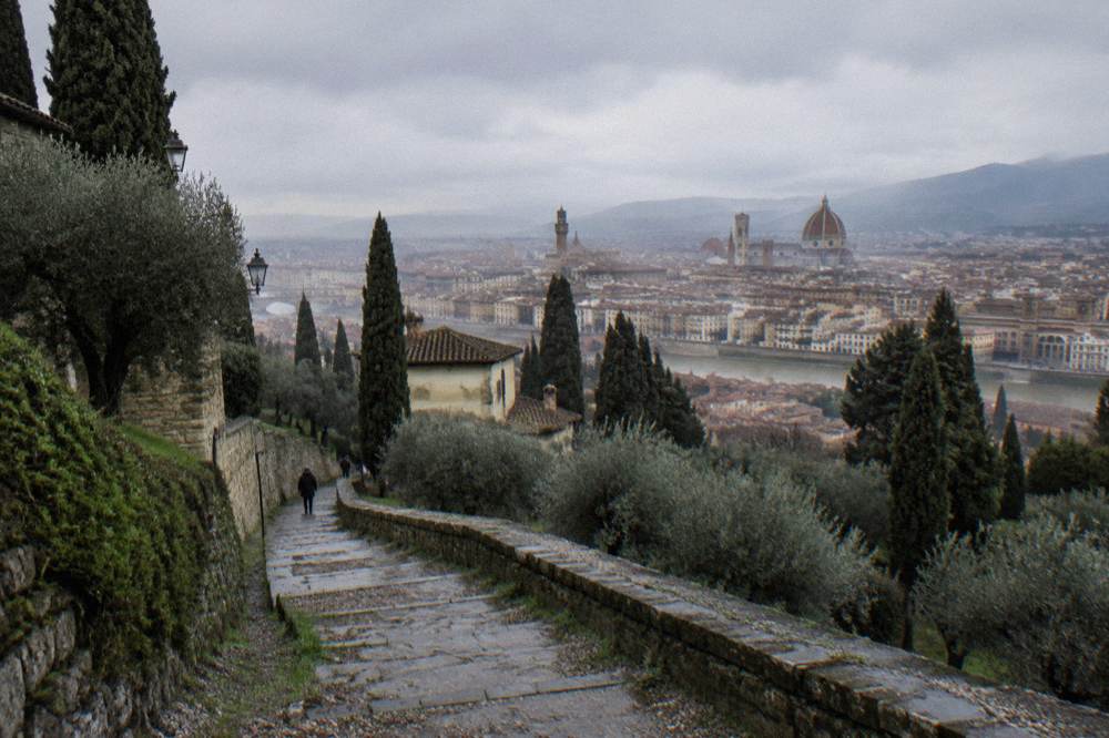 Looking down the worn stone stair descending the hillside between cypress and olive trees, damp gravel edging, the city's terracotta roofs grey under low cloud
