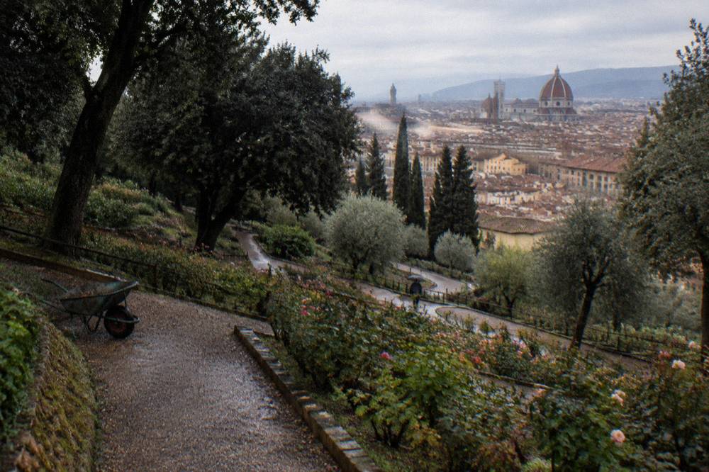 Garden paths and benches of the Giardino delle Rose below the Piazzale Michelangelo terrace