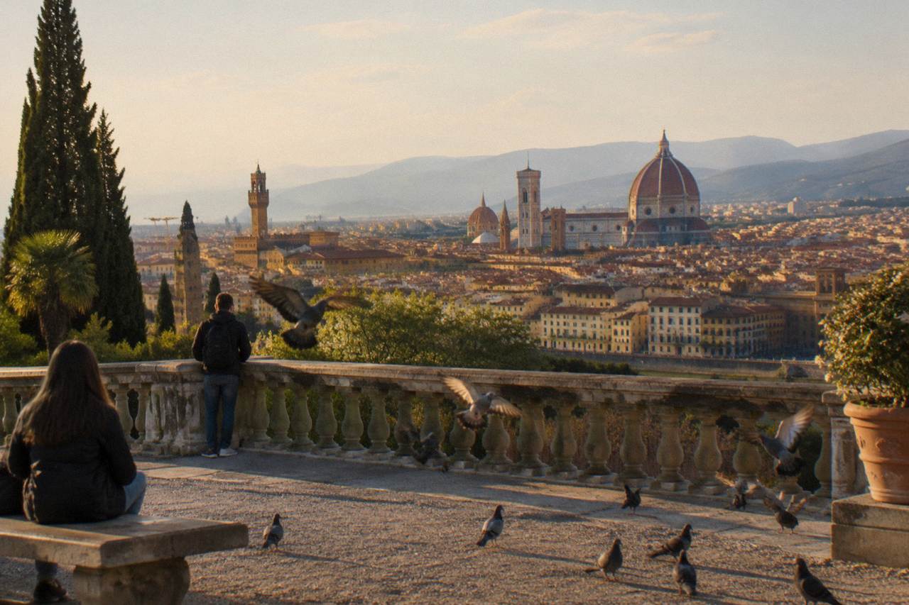 From the wide stone terrace of Piazzale Michelangelo looking down over jumbled terracotta rooftops and Brunelleschi's great tiled dome, pigeons scattering off the balustrade