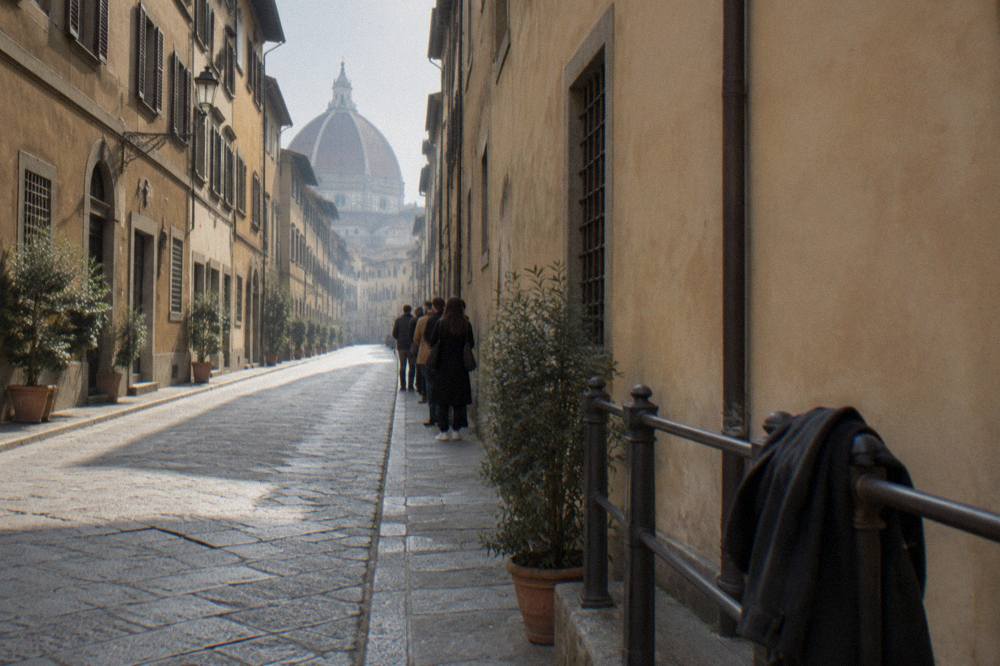 A narrow stretch of Via Ricasoli between plain ochre plastered palazzi, weak winter sun on the cobbles
