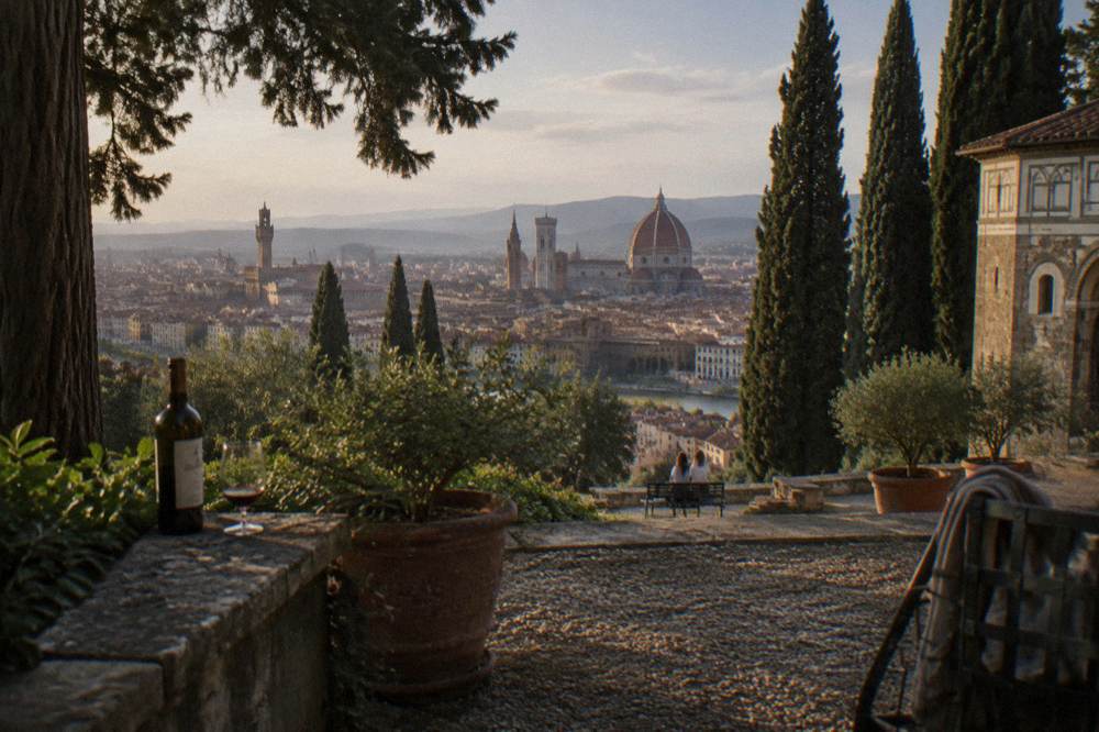 From a shaded garden terrace above the Arno, cypress silhouettes framing terracotta rooftops and the great dome, dry gravel crunching, a wine bottle left on a stone ledge