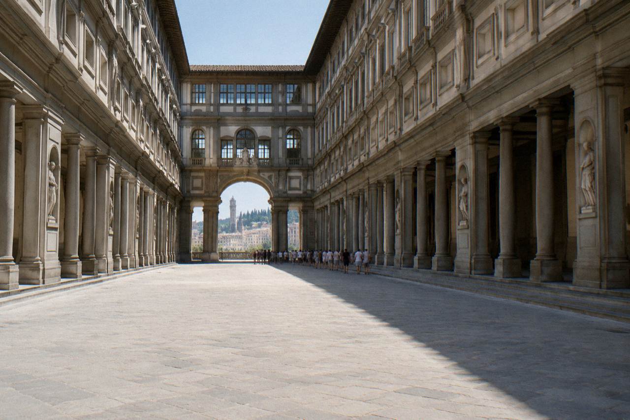 The long open court of Piazzale degli Uffizi seen from the river end, grey arcaded wings on both sides, a thin queue of visitors in summer clothes shuffling forward tiny and far off