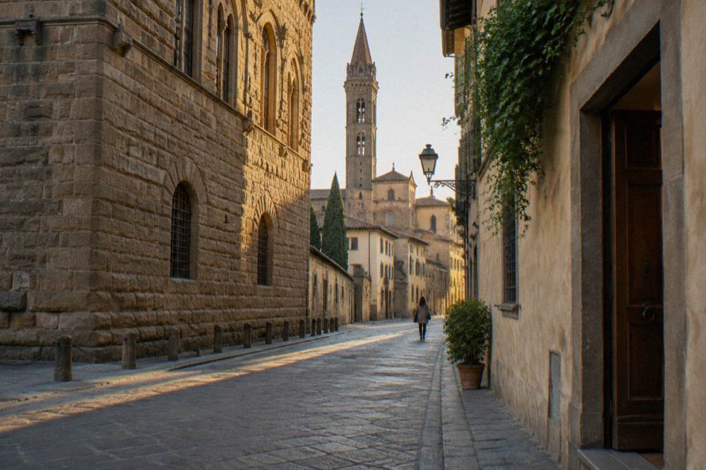 A quiet stretch of Via del Proconsolo with the rough stone corner of the Bargello on one side and the slim bell tower of the Badia Fiorentina ahead, one wooden door ajar in a plaster wall