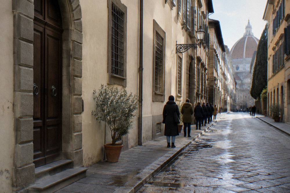A narrow street of plain plastered walls and heavy stone doorways, a short loose line of people waiting along the wall far down the street seen from behind, wet cobbles drying in patches