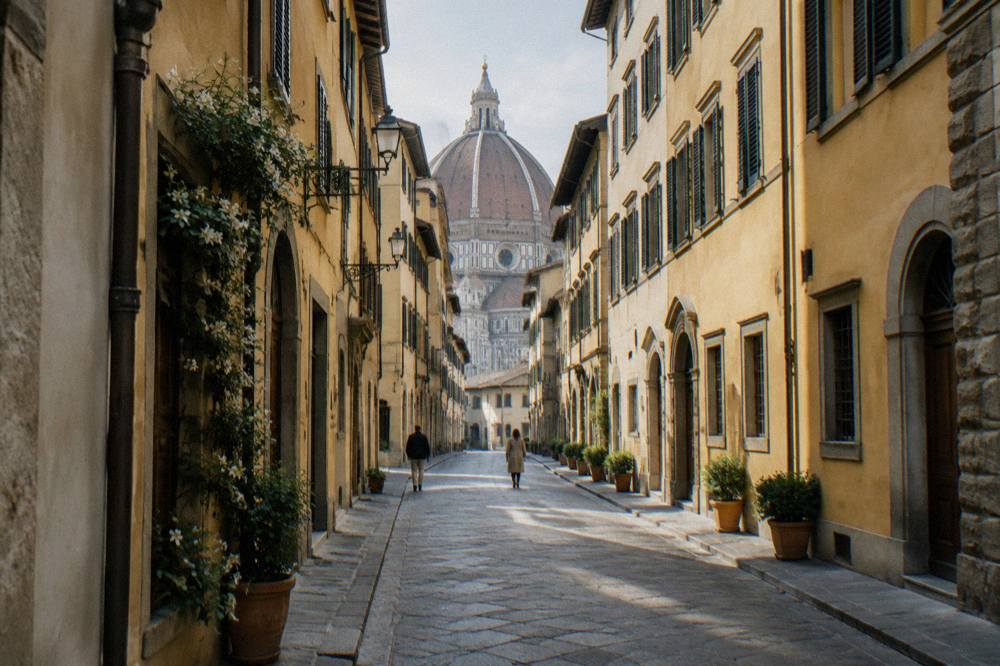 Looking along Via dei Servi toward the cathedral, the great terracotta dome filling the gap between ochre palazzi, pale light on the paving, a couple of distant walkers from behind