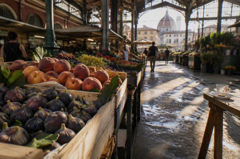Slanted sun cutting through the iron-and-glass roof onto crates of figs and peaches, damp patches drying on the worn concrete floor, a vendor's empty espresso glass on a trestle