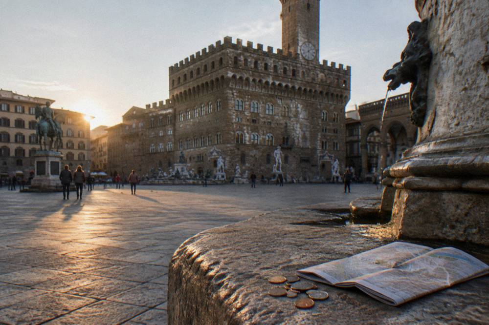 A small scatter of coins on the stone beside a folded paper map, a scuffed fountain spout nearby, Piazza della Signoria