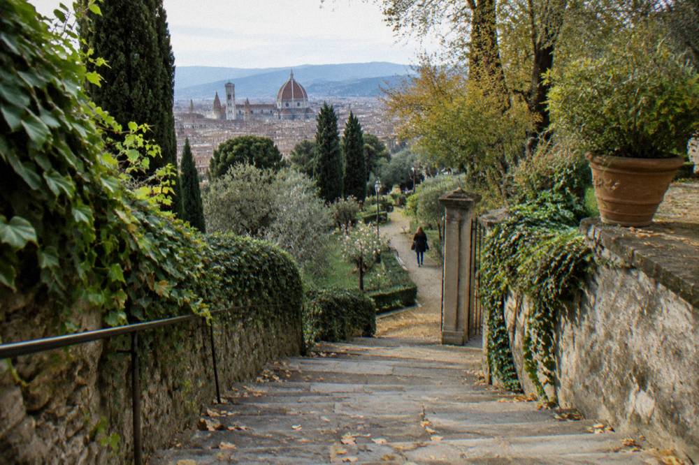 Pale autumn midday, scattered leaves on the treads, a distant figure from behind on the path, Giardino delle Rose
