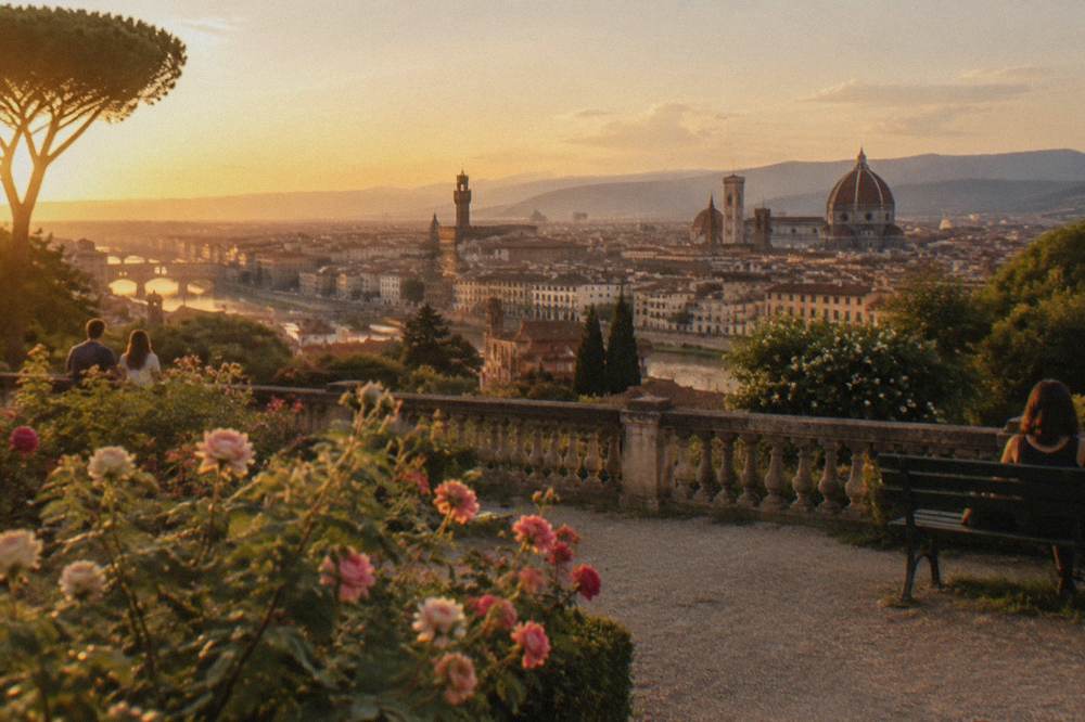 Along a terrace in the Giardino delle Rose, rose bushes in front of a low stone balustrade, the tiled roofs and domes of the city spread out below across the Arno, warm dust in the light
