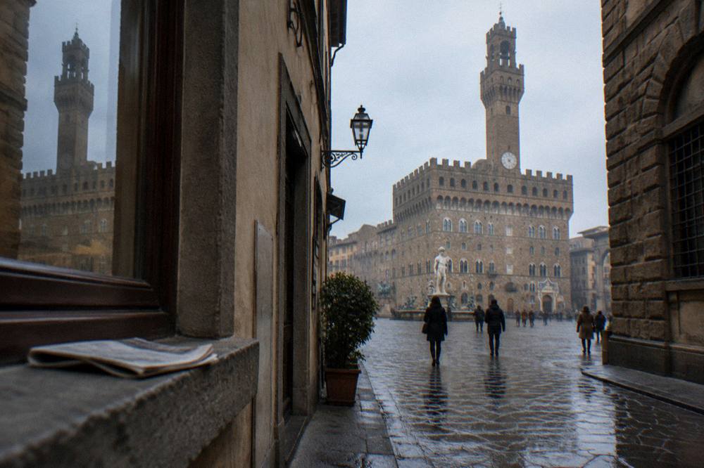 Seen up a narrow street toward the square, the squared stone tower of Palazzo Vecchio rising over the palace roofline, wet cobbles reflecting grey light