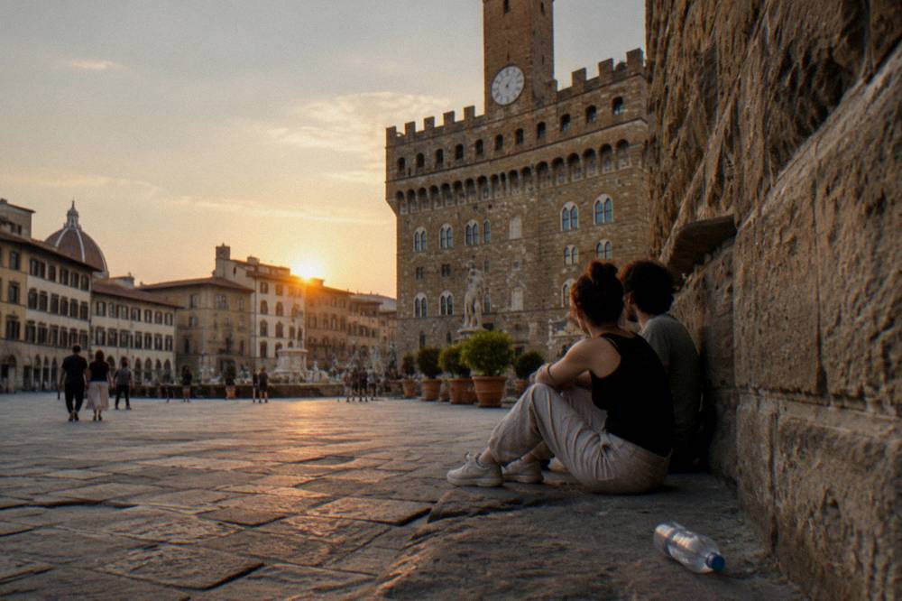 Low across the worn trachyte edge of the square, two figures resting against the palace wall, a plastic water bottle tipped over on the paving, Piazza della Signoria