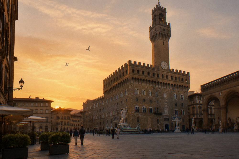 The tall stone tower of Palazzo Vecchio rising over the old palace roofline, seen from a corner of the wide square, warm amber sky, a few small birds crossing
