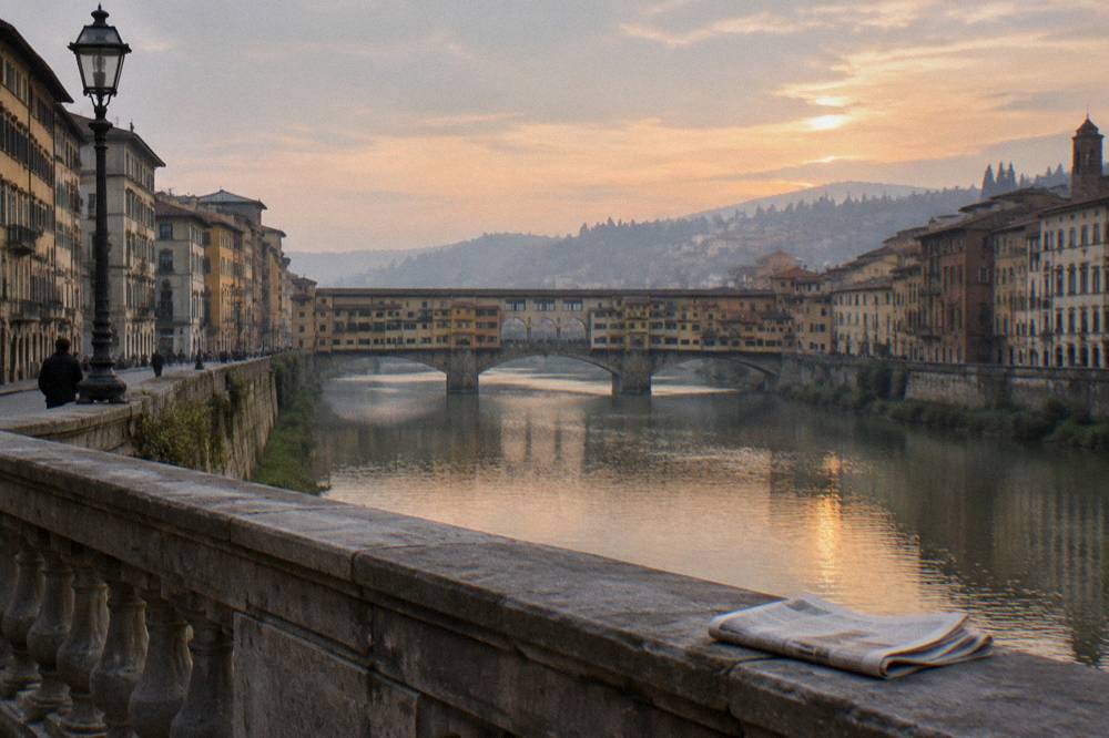 Seen from the upstream parapet of Ponte Santa Trinita toward Ponte Vecchio whole across the green-grey Arno, hills behind dissolving in haze, a folded newspaper left on the balustrade