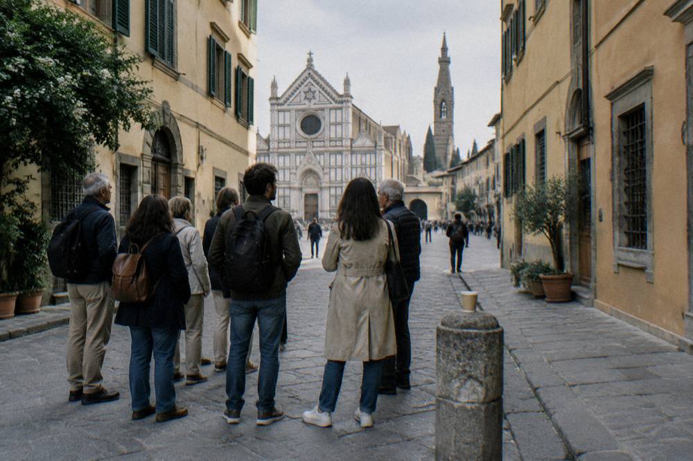 A small tour group gathered from behind on the worn paving of Borgo Santa Croce, ochre palazzi and green shutters either side, a paper cup left on a bollard